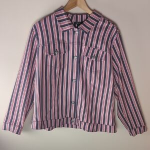 Tribal Women's Striped Button-Up Trucker Jacket - Red, White & Blue - Size 1X